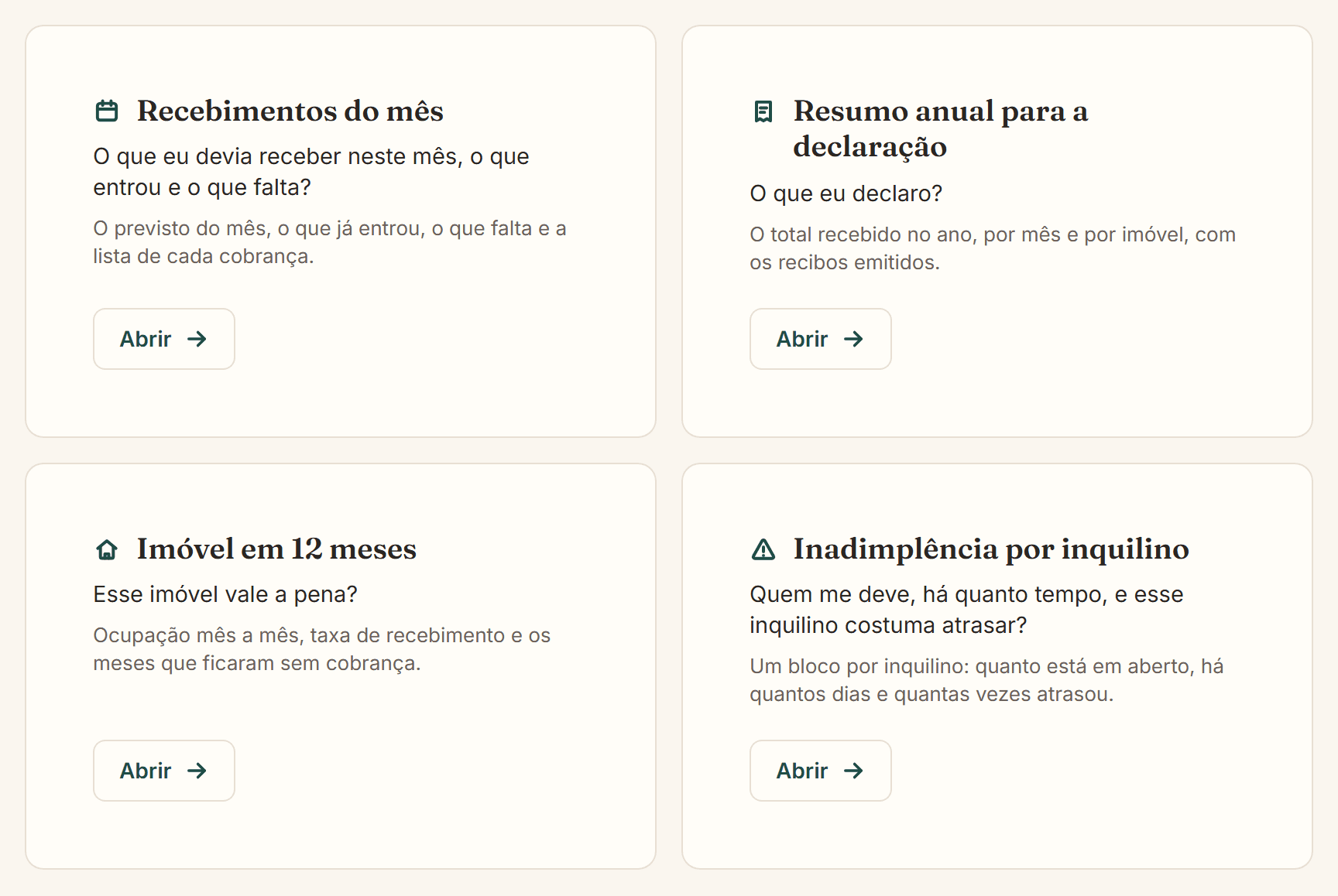 Tela de relatórios no app, com os quatro cartões: Recebimentos do mês, Resumo anual para a declaração, Imóvel em 12 meses e Inadimplência por inquilino, cada um com o botão Abrir.
